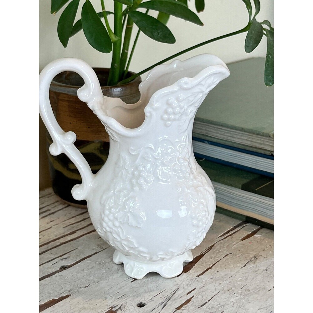 Vintage White Floral Creamer With Flowers & Grapevines Ceramic Japan